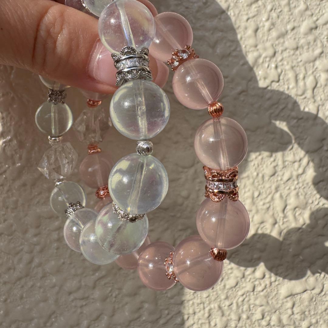 一点物　天然石　ハンドメイドブレス　ローズクォーツ　最高ランク　アイリス水晶