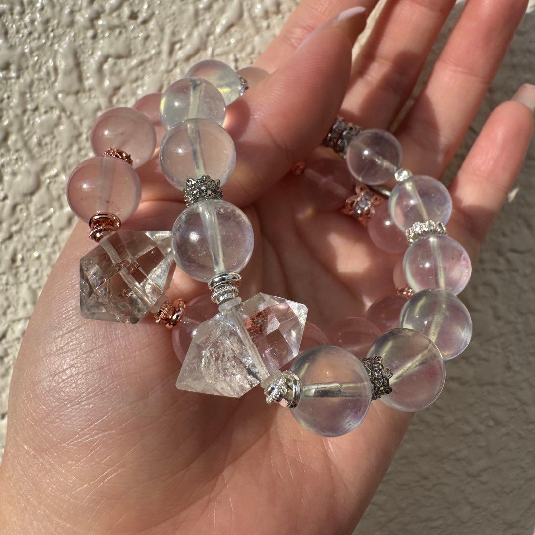 一点物　天然石　ハンドメイドブレス　ローズクォーツ　最高ランク　アイリス水晶