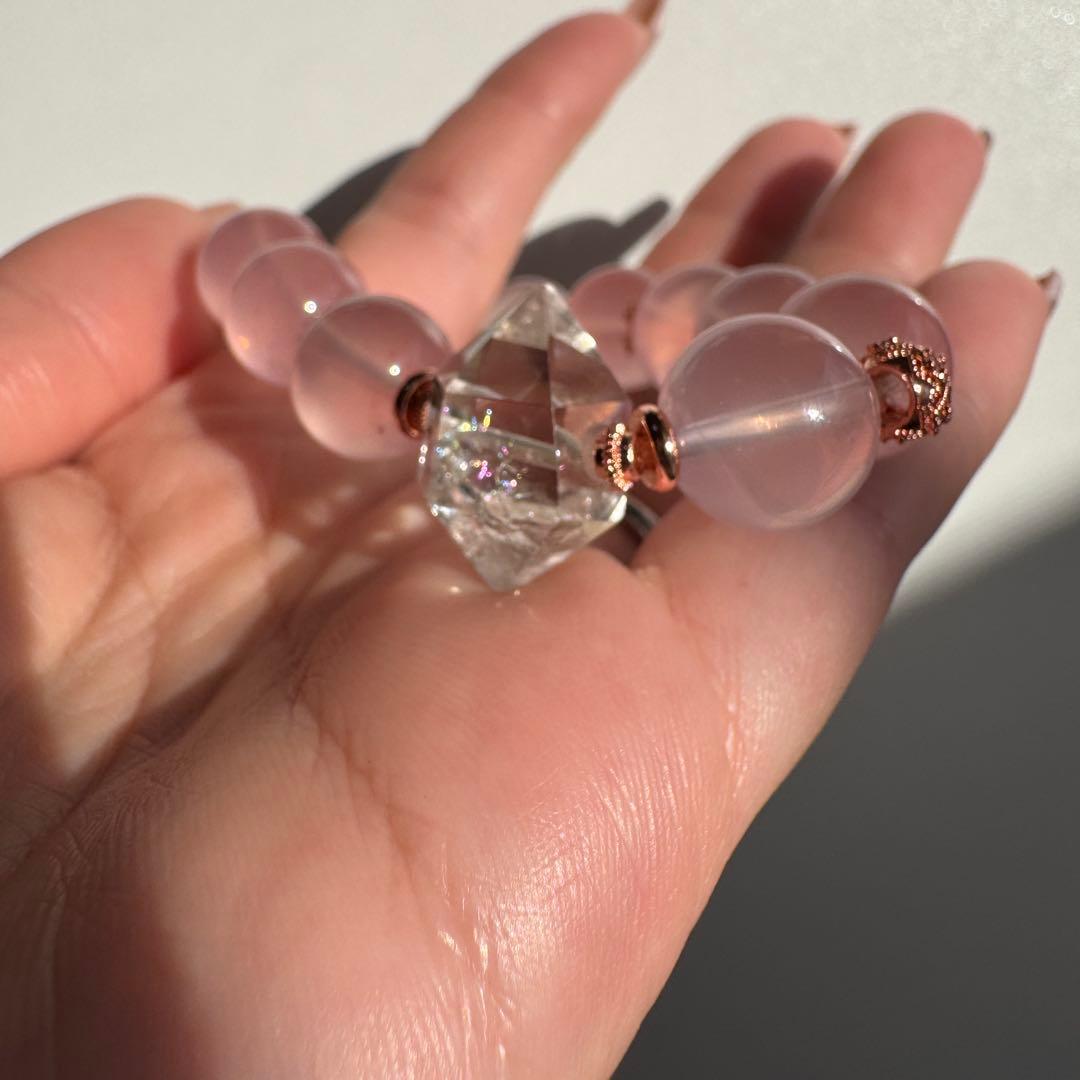 一点物　天然石　ハンドメイドブレス　ローズクォーツ　最高ランク　アイリス水晶