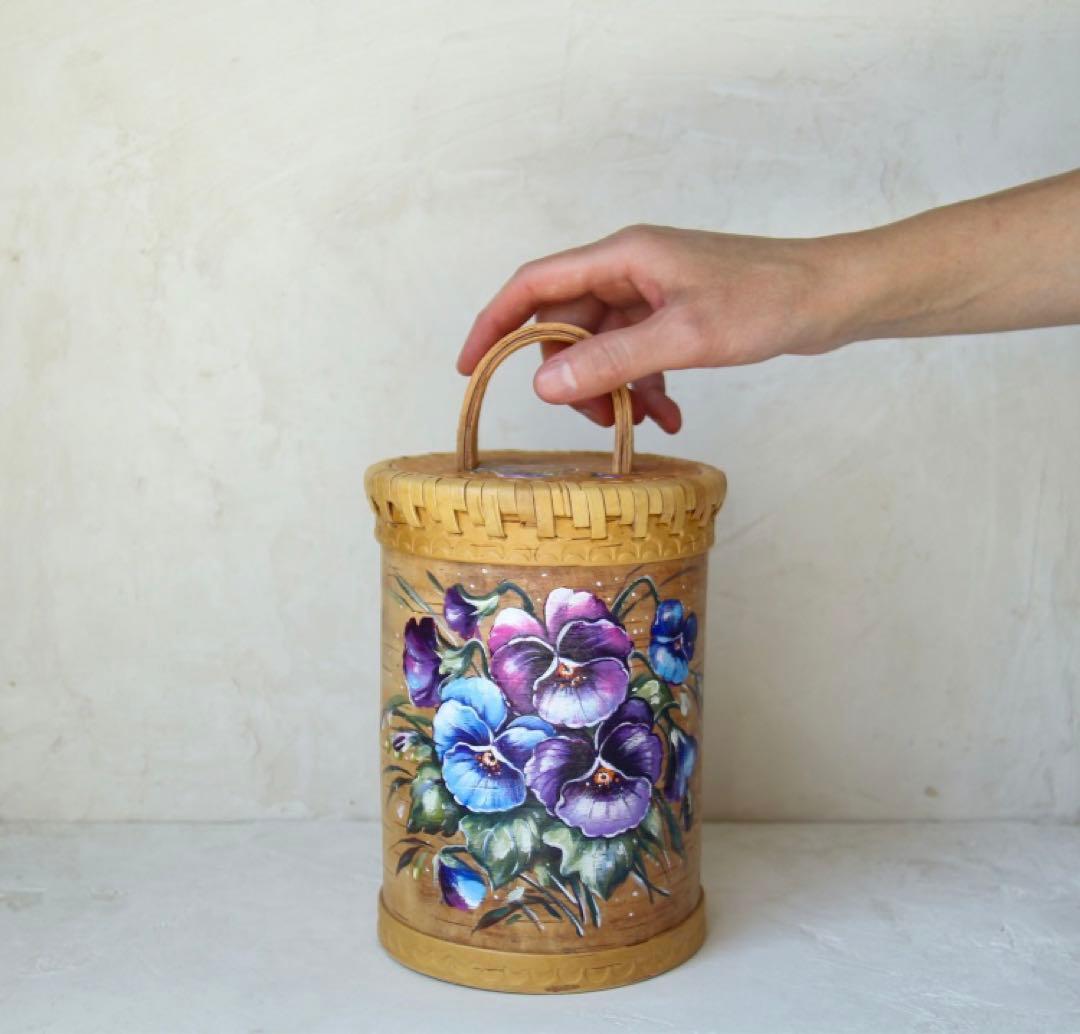 ロシア雑貨☆白樺工芸べレスタ パンジー収納boxマトリョーシカ