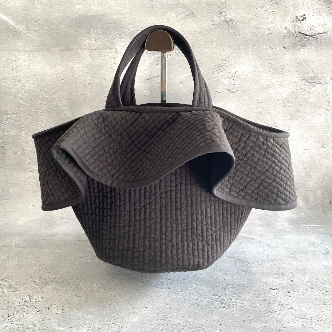 フリル付き丸底マルシェバッグ　ヌビバッグ　ブラック　ハンドメイド