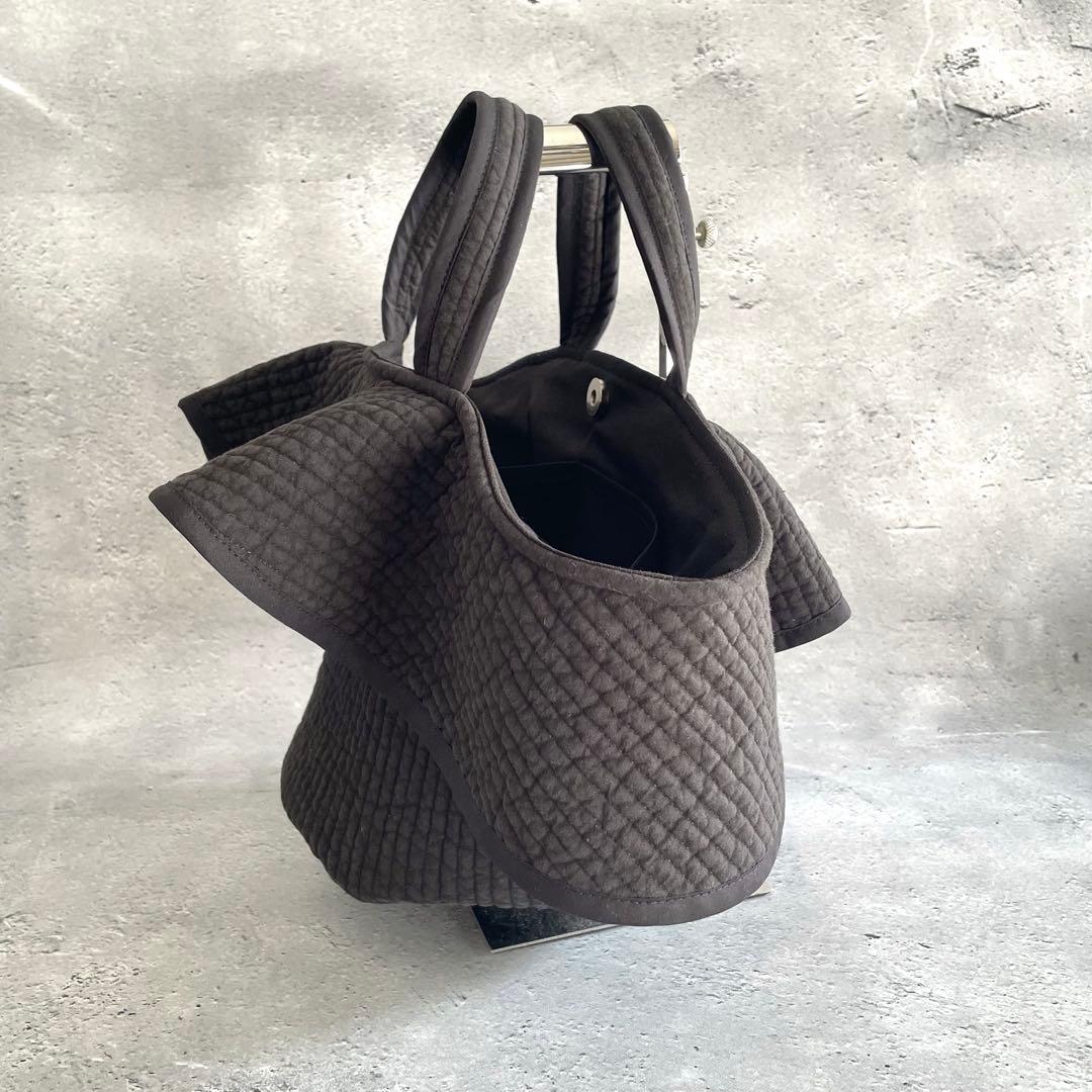 フリル付き丸底マルシェバッグ　ヌビバッグ　ブラック　ハンドメイド