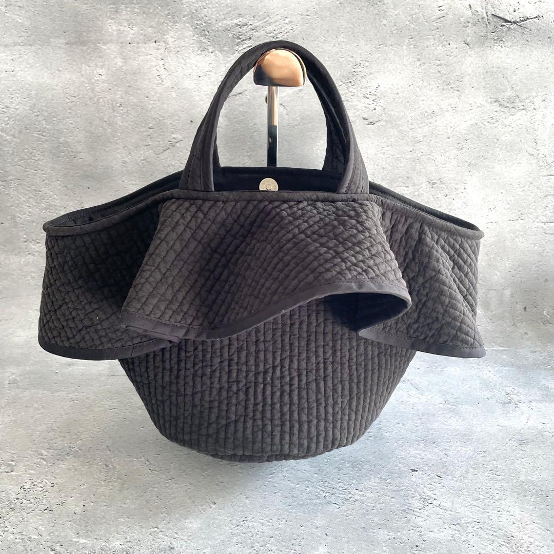 フリル付き丸底マルシェバッグ　ヌビバッグ　ブラック　ハンドメイド