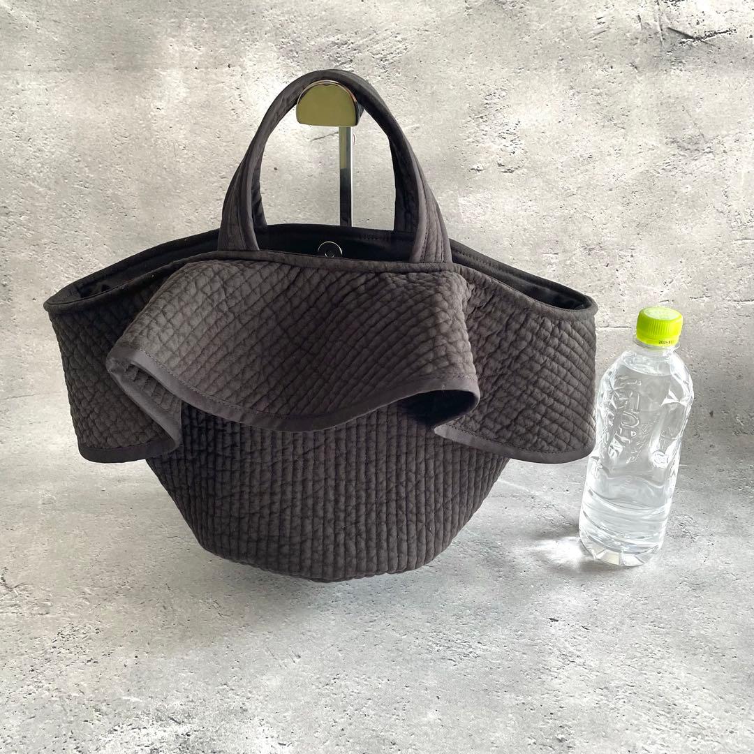 フリル付き丸底マルシェバッグ　ヌビバッグ　ブラック　ハンドメイド