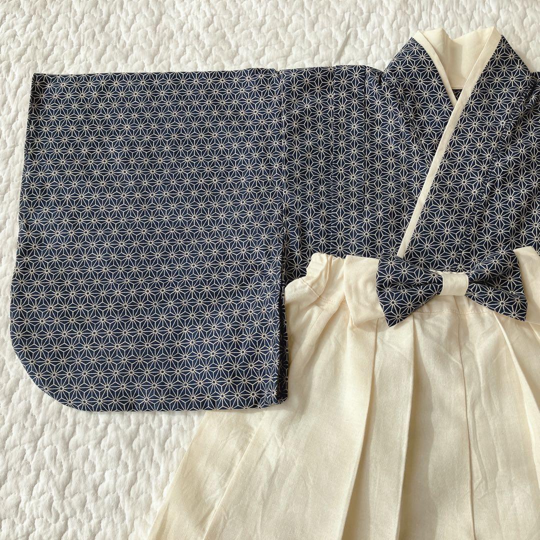 ハンドメイド ベビー袴(麻の葉ネイビー×ホワイト)