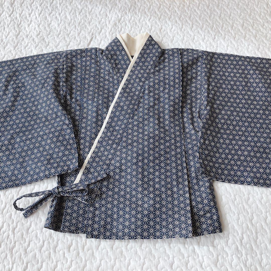 ハンドメイド ベビー袴(麻の葉ネイビー×ホワイト)