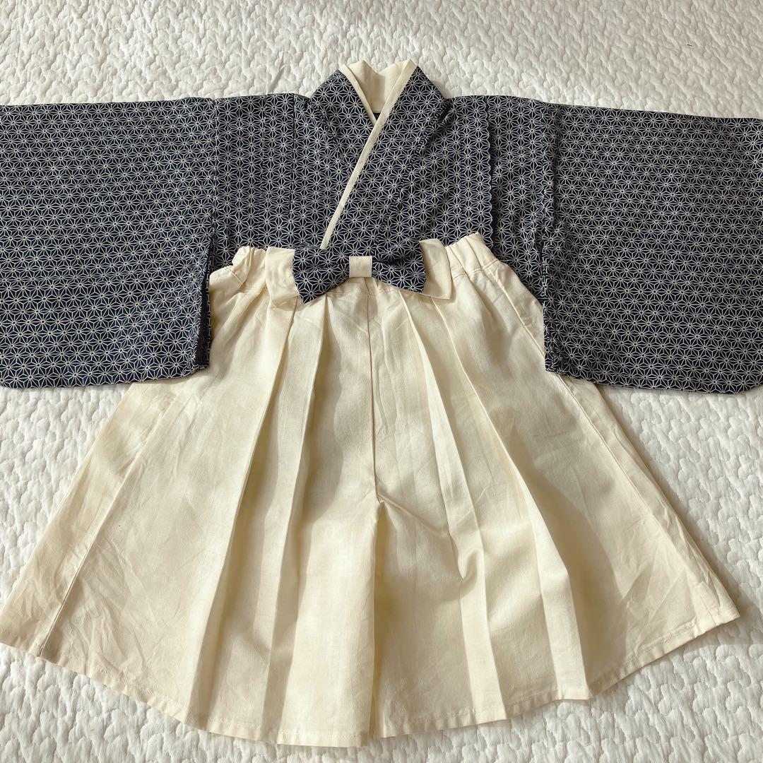 ハンドメイド ベビー袴(麻の葉ネイビー×ホワイト)
