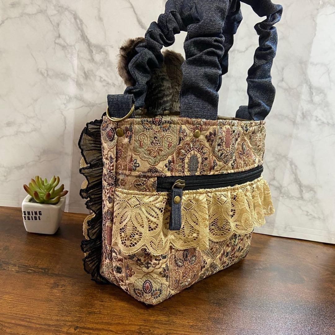 コヤンイサムチョン 【インド刺繍×デニム バッグ】フリルバッグ ハンドメイド