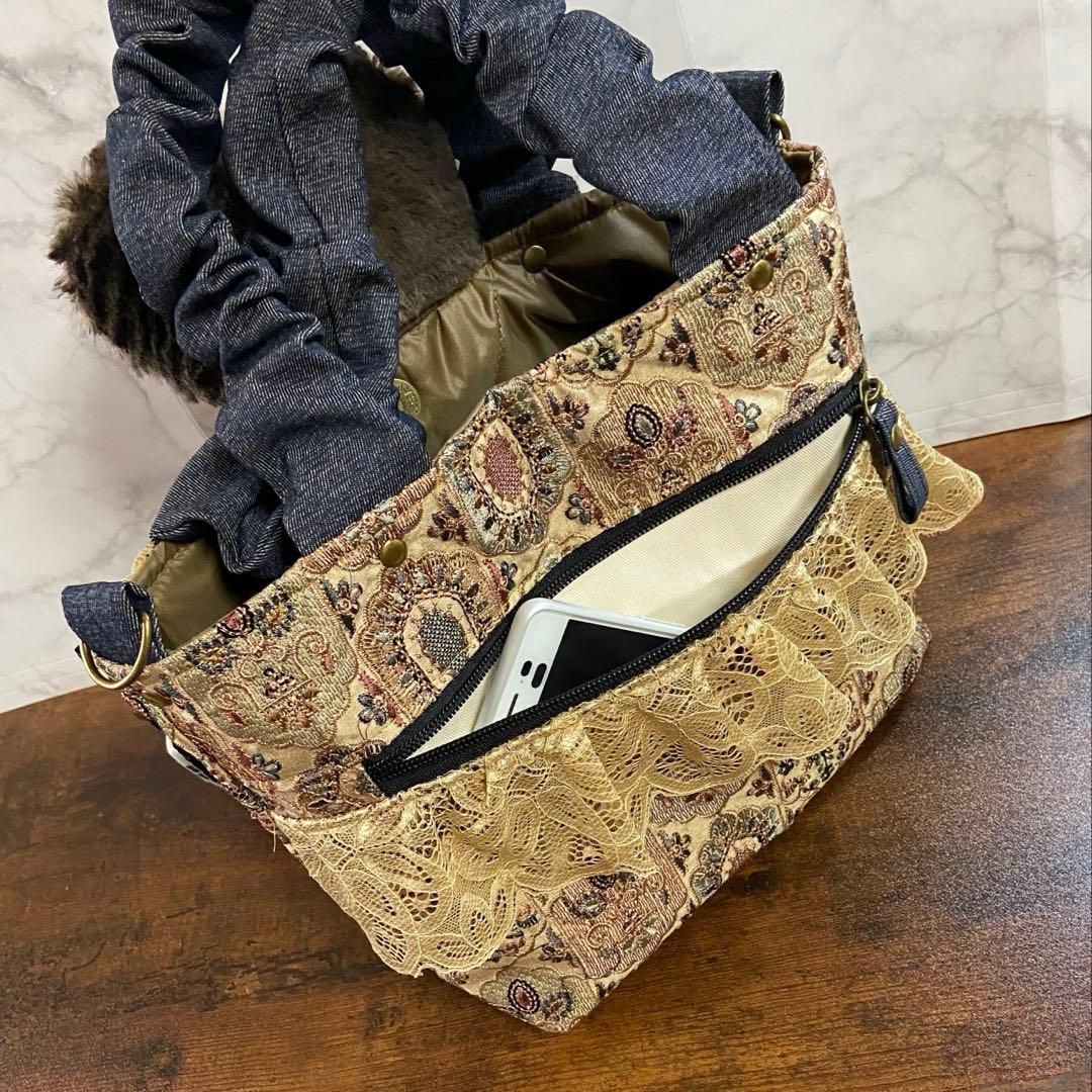 コヤンイサムチョン 【インド刺繍×デニム バッグ】フリルバッグ ハンドメイド