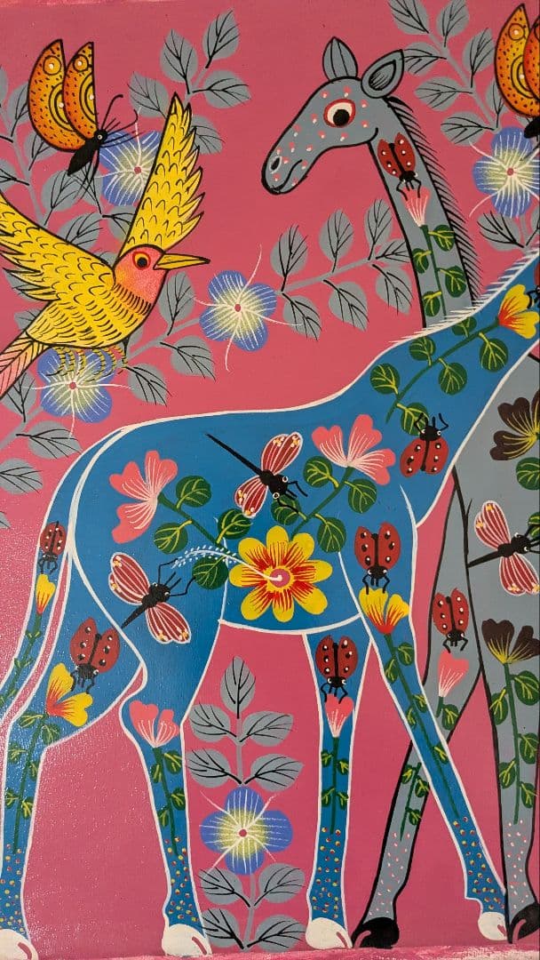 ●アフリカの絵画、ティンガティンガ、花キリン、Majidu、50×60cm