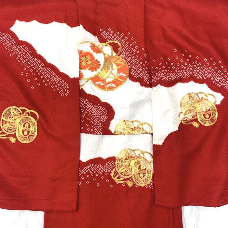 509ag37■七五三 三歳 部分絞着り 着物&お召被布&長襦袢 金駒刺繍■