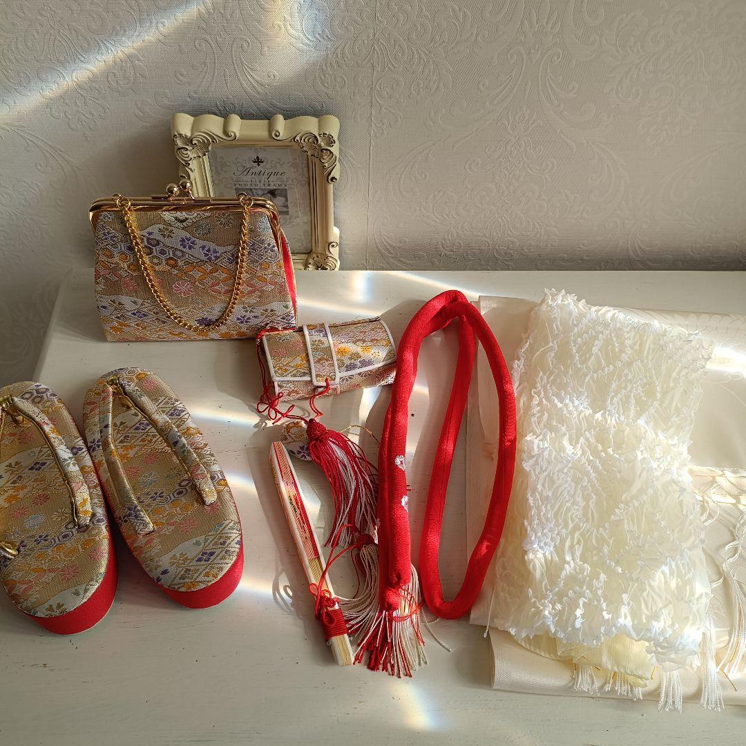 新品クリーム色に大きな花模様の着物と作り帯フルセット☆七五三