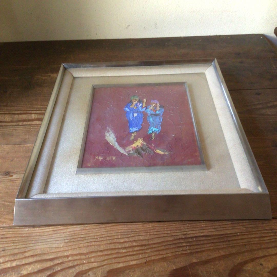 No3826額装　山田修司「アイヌ踊」1972年　油彩画F3号　裏書有　送料無料