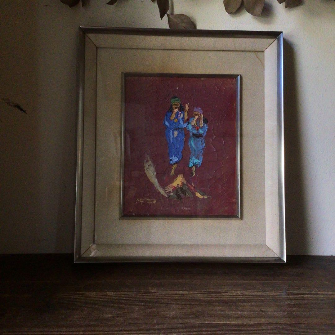 No3826額装　山田修司「アイヌ踊」1972年　油彩画F3号　裏書有　送料無料