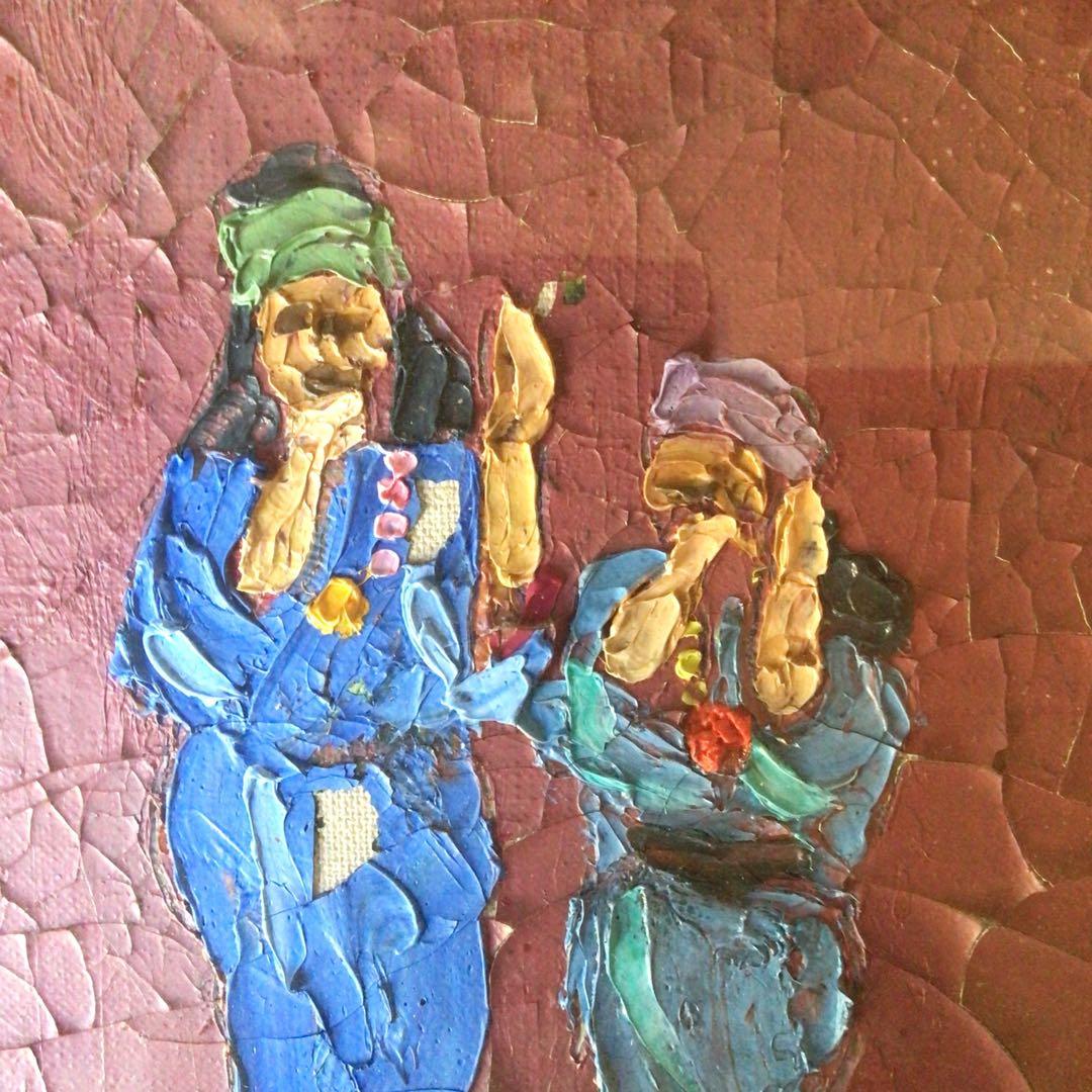 No3826額装　山田修司「アイヌ踊」1972年　油彩画F3号　裏書有　送料無料