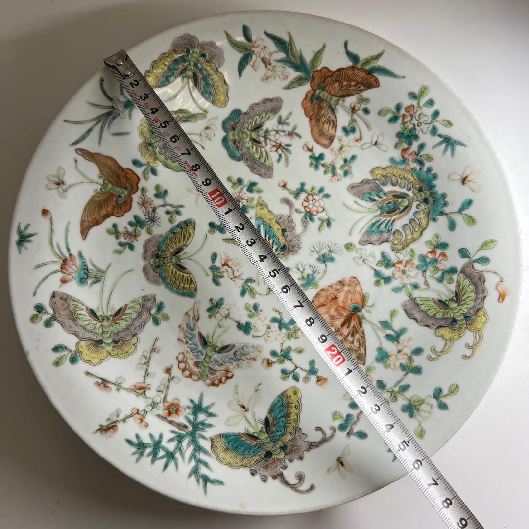 中国清時代　粉彩花蝶図大皿　直径約26.5㎝　東Y8-0331☆2Fタルサオ