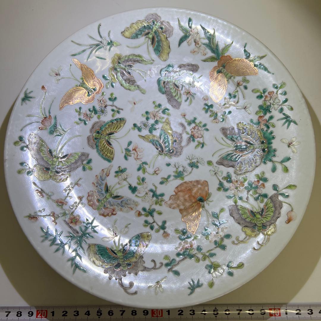 中国清時代　粉彩花蝶図大皿　直径約26.5㎝　東Y8-0331☆2Fタルサオ