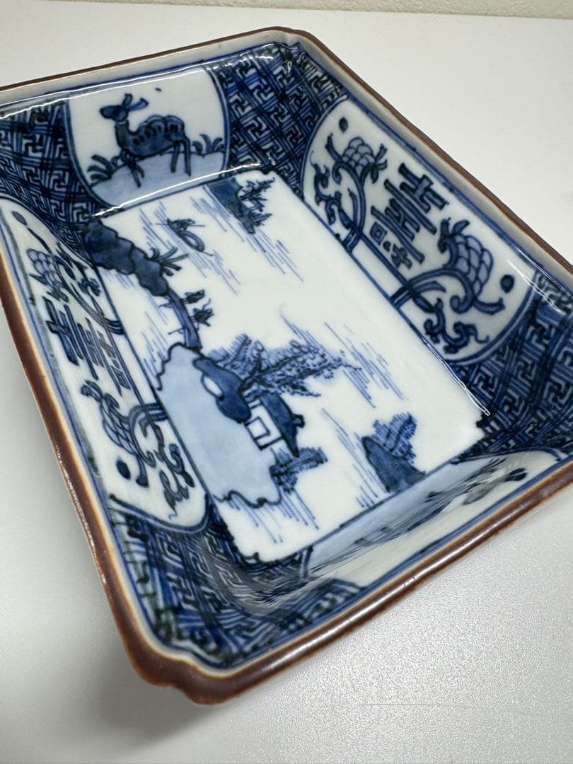 古伊万里 白磁 染付 山水図 長皿 角皿 2客セット 古陶磁