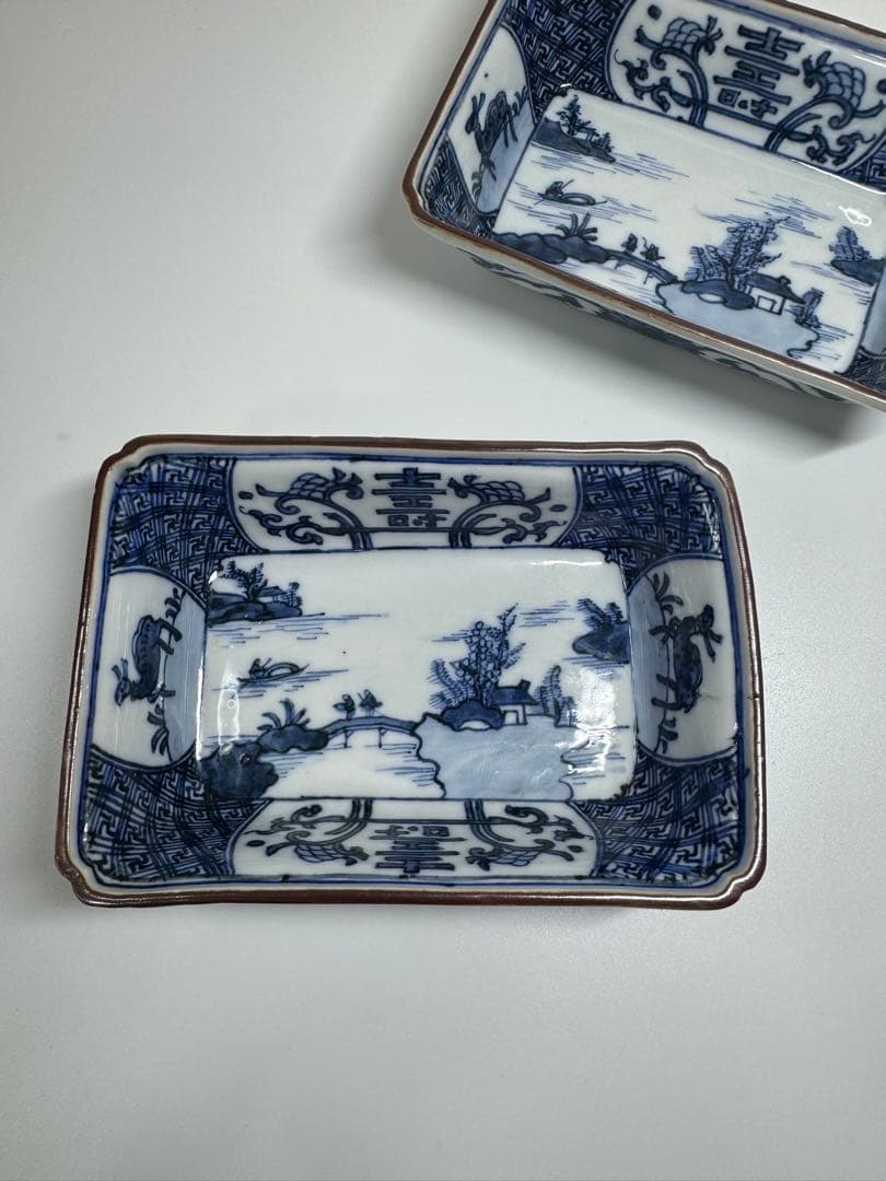 古伊万里 白磁 染付 山水図 長皿 角皿 2客セット 古陶磁