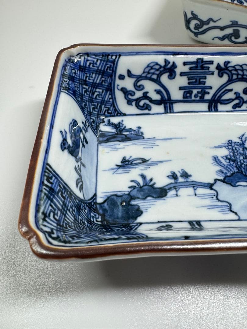 古伊万里 白磁 染付 山水図 長皿 角皿 2客セット 古陶磁