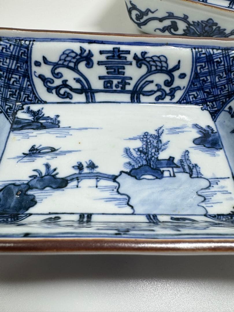 古伊万里 白磁 染付 山水図 長皿 角皿 2客セット 古陶磁