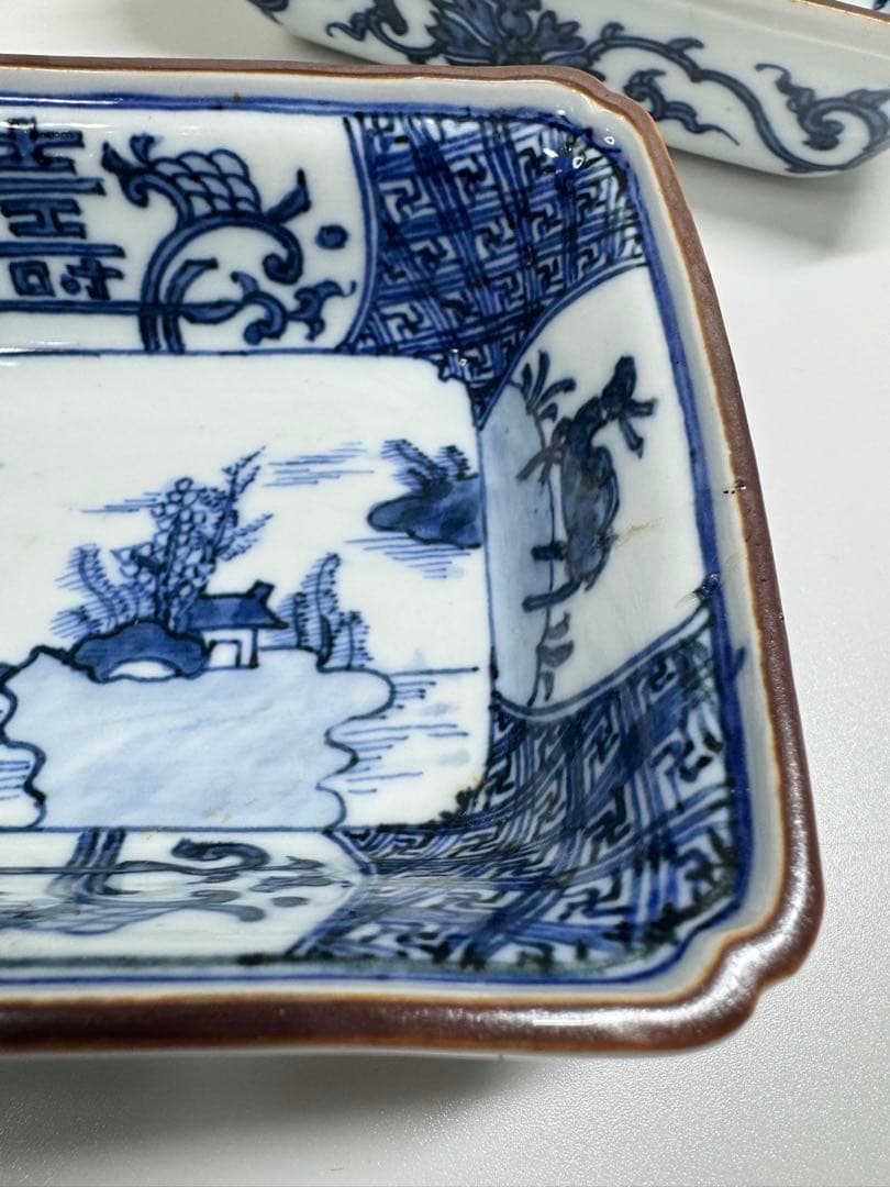 古伊万里 白磁 染付 山水図 長皿 角皿 2客セット 古陶磁
