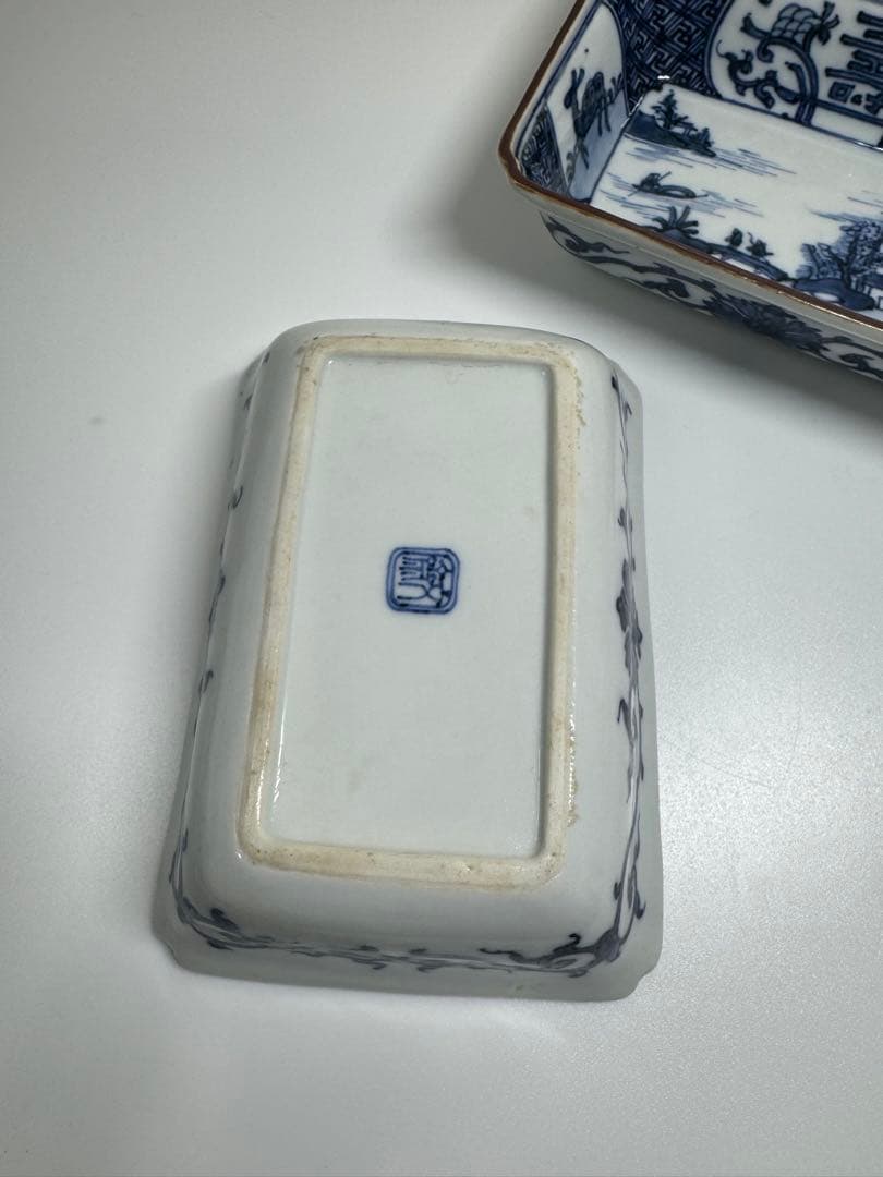 古伊万里 白磁 染付 山水図 長皿 角皿 2客セット 古陶磁