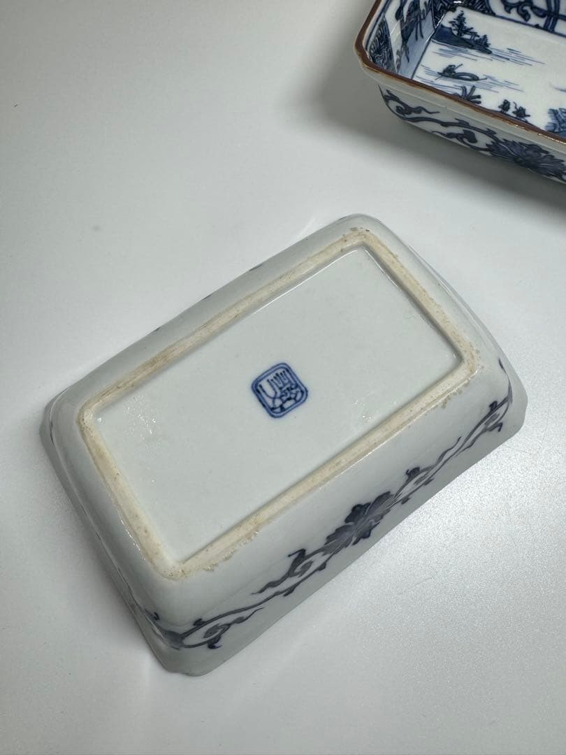 古伊万里 白磁 染付 山水図 長皿 角皿 2客セット 古陶磁