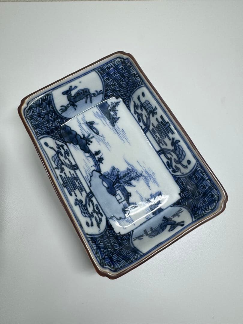 古伊万里 白磁 染付 山水図 長皿 角皿 2客セット 古陶磁