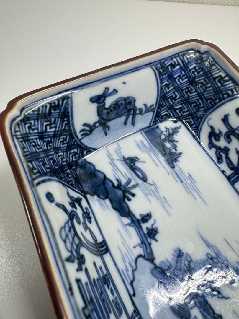 古伊万里 白磁 染付 山水図 長皿 角皿 2客セット 古陶磁