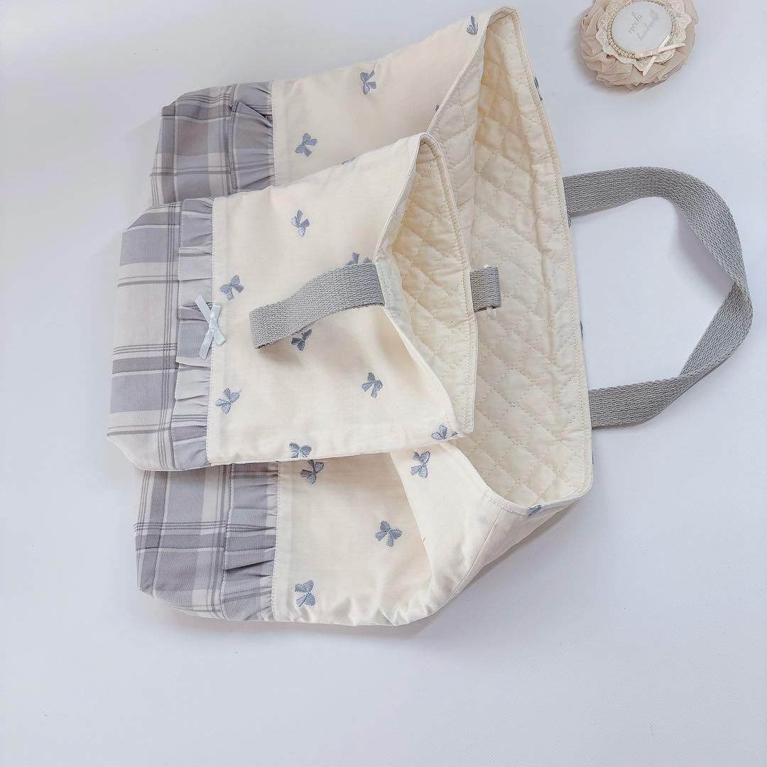 リボン　刺繍生地　レッスンバッグ　上履き袋　2点セット　入園入学　キルティング