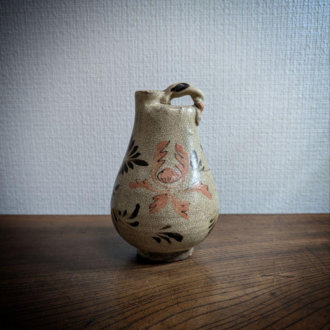 明治期　和蘭陀写　安南風　鉄彩珊瑚文　扁小水注　京焼名工極　一輪挿し　徳利　花器