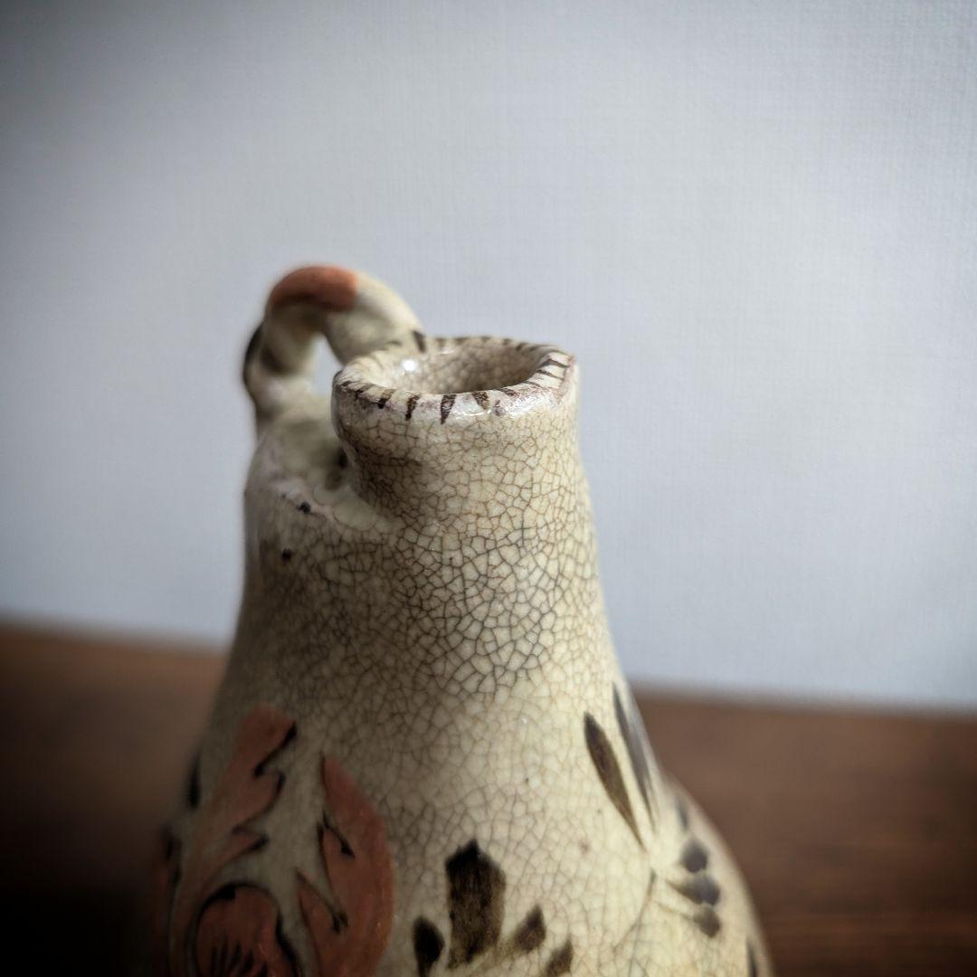 明治期　和蘭陀写　安南風　鉄彩珊瑚文　扁小水注　京焼名工極　一輪挿し　徳利　花器