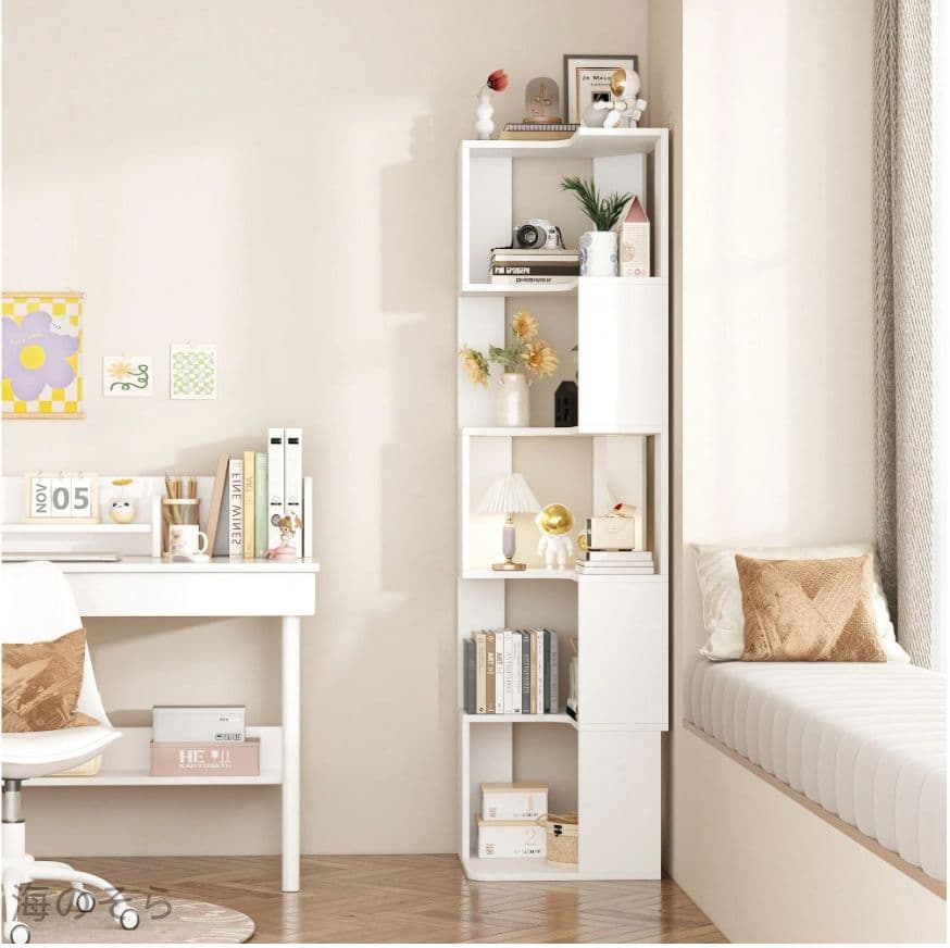 ホワイト 5段コーナー本棚 収納棚