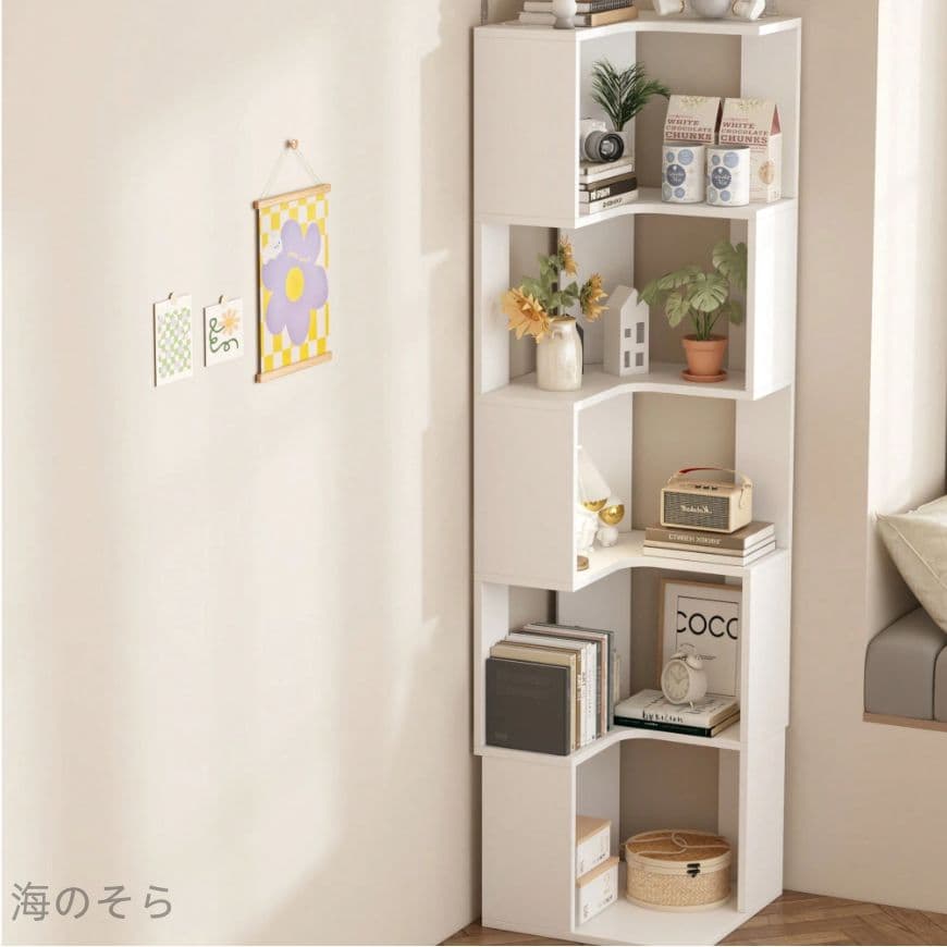 ホワイト 5段コーナー本棚 収納棚