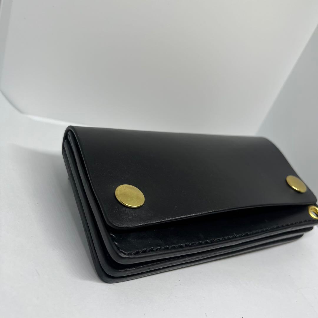 栃木レザー　ミドルトラッカーウォレット　真鍮ボタン　ヌメ革　本革　ブラック