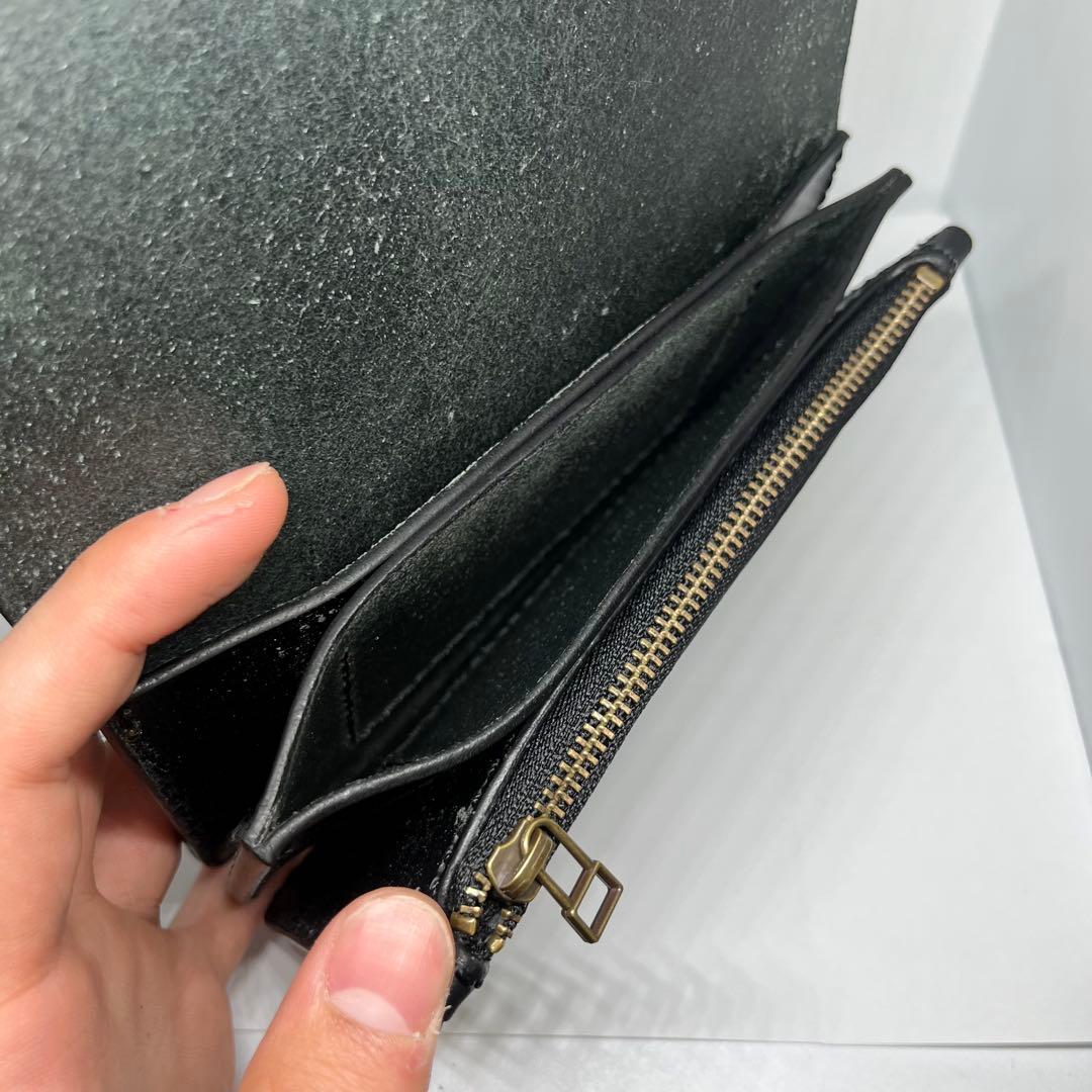 栃木レザー　ミドルトラッカーウォレット　真鍮ボタン　ヌメ革　本革　ブラック