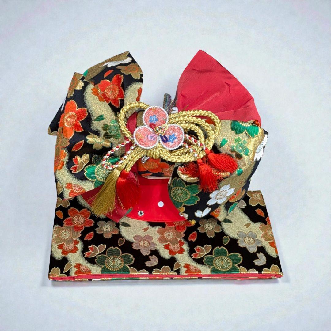 7歳　正絹朱桜御所車　七五三　お着物・作り帯・筥迫セット