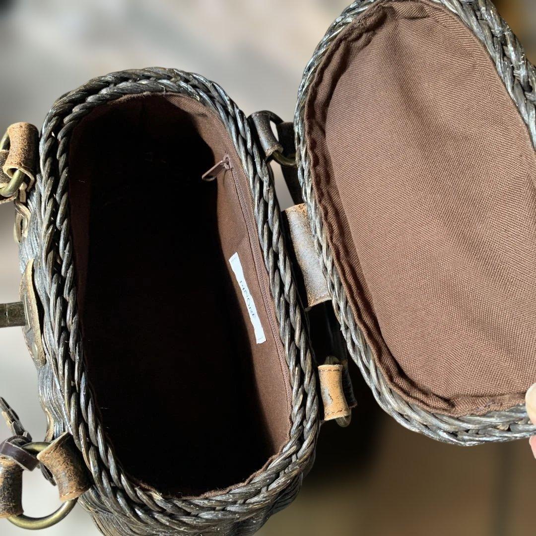 ダークブラウン 籐とレザー ハンドバッグ