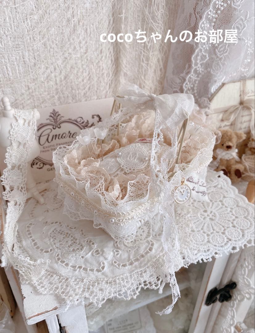 フレンチ風❁⃘*.゜可愛いバスケットのピンクッション。:°ஐ..♡*インテリア雑貨