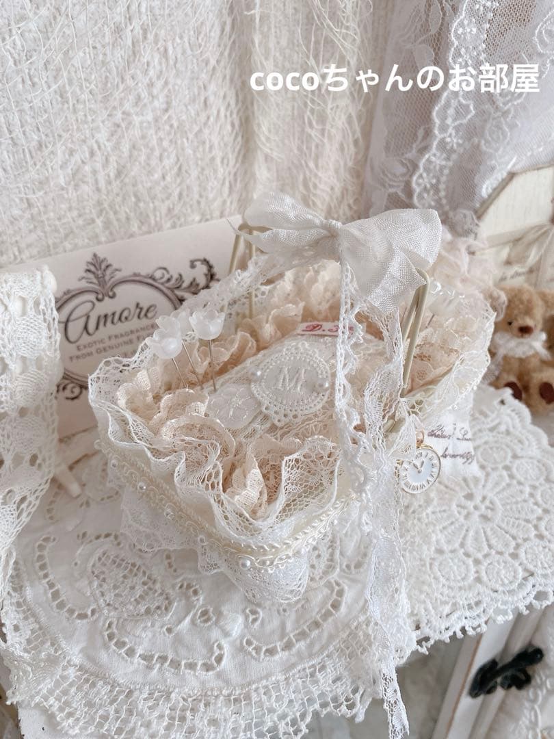 フレンチ風❁⃘*.゜可愛いバスケットのピンクッション。:°ஐ..♡*インテリア雑貨