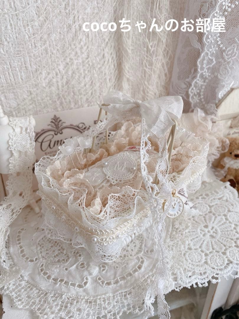 フレンチ風❁⃘*.゜可愛いバスケットのピンクッション。:°ஐ..♡*インテリア雑貨