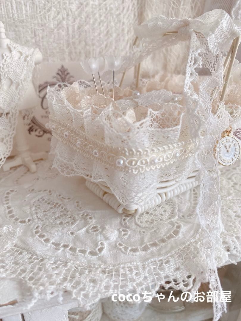 フレンチ風❁⃘*.゜可愛いバスケットのピンクッション。:°ஐ..♡*インテリア雑貨