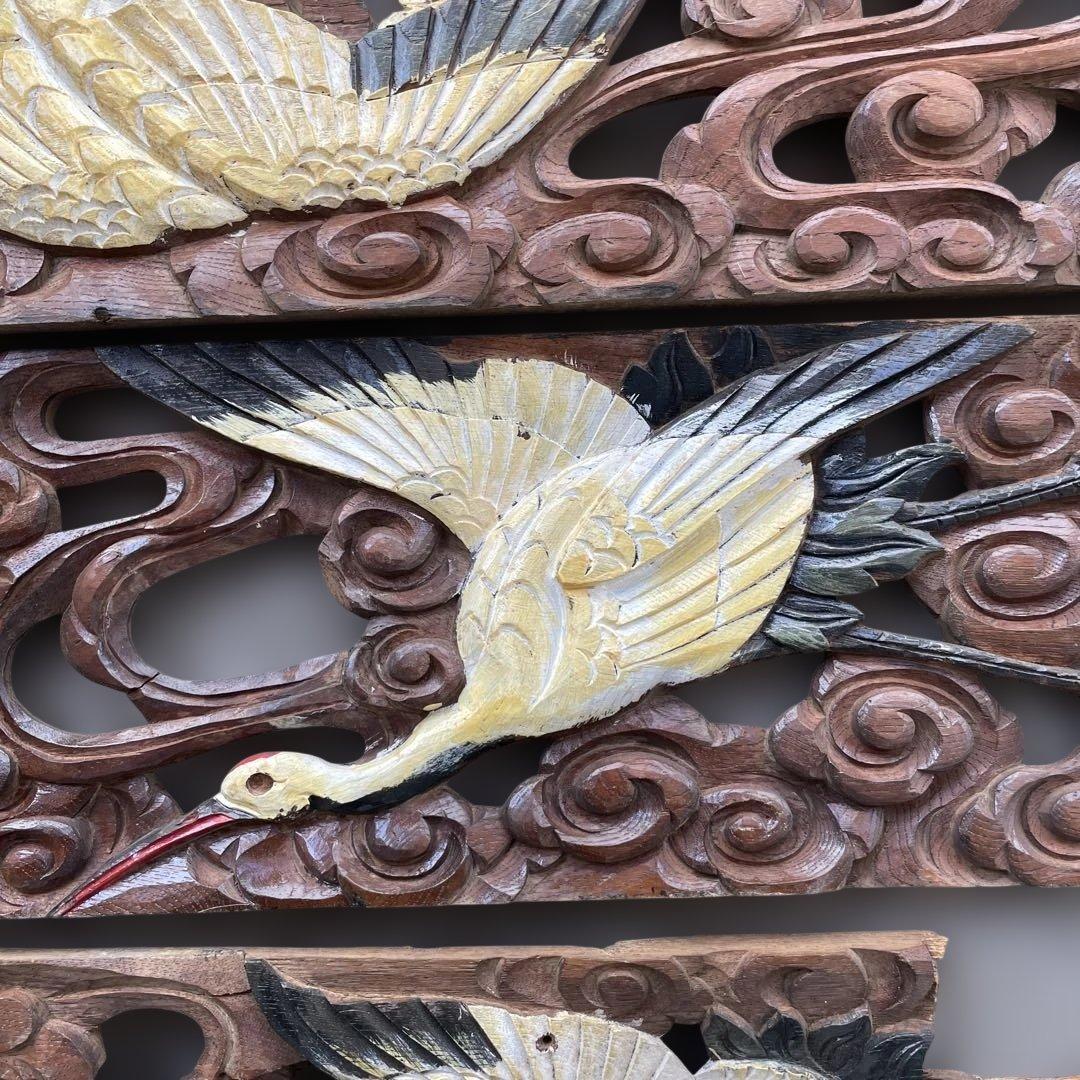 木彫4枚セット　鶴　枡合　狭間　懸魚　連子　欅　龍　武者　だんじり　骨董　太鼓台