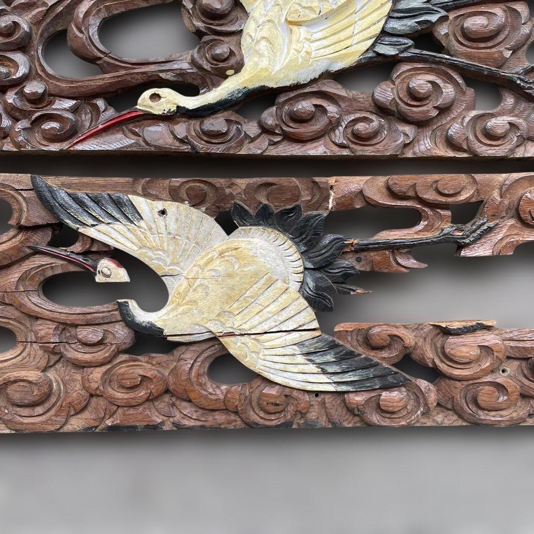 木彫4枚セット　鶴　枡合　狭間　懸魚　連子　欅　龍　武者　だんじり　骨董　太鼓台