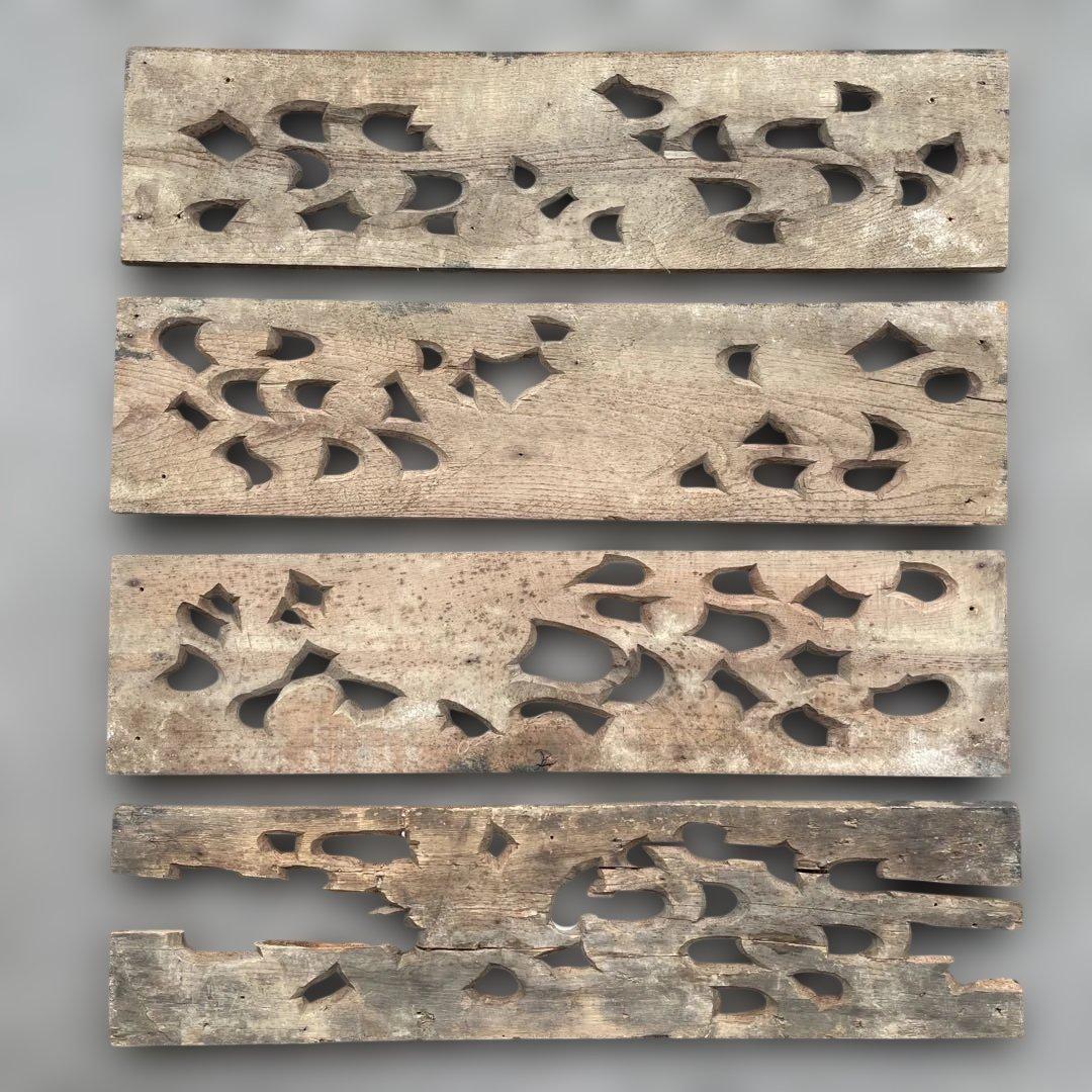 木彫4枚セット　鶴　枡合　狭間　懸魚　連子　欅　龍　武者　だんじり　骨董　太鼓台