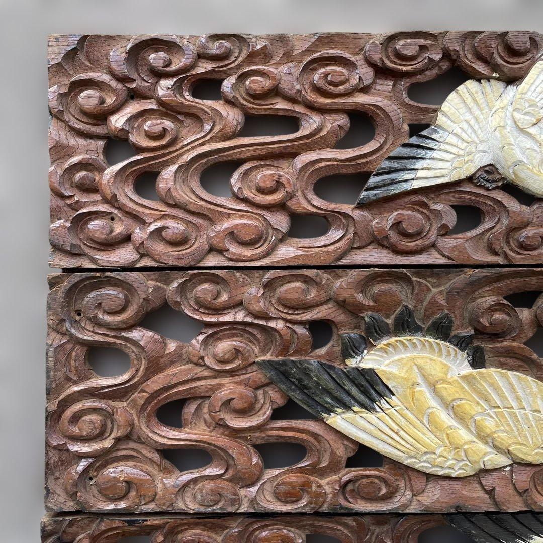 木彫4枚セット　鶴　枡合　狭間　懸魚　連子　欅　龍　武者　だんじり　骨董　太鼓台