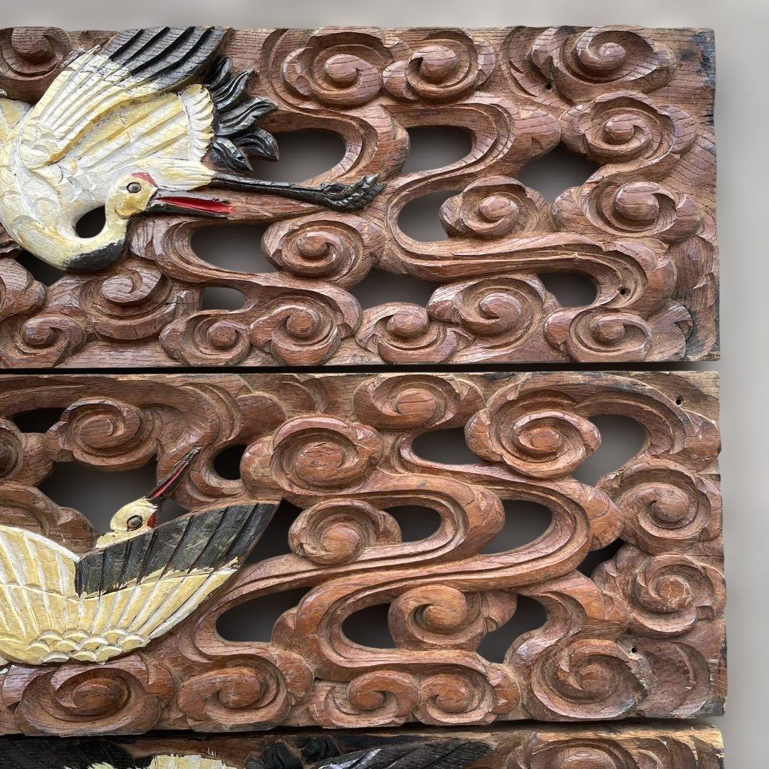 木彫4枚セット　鶴　枡合　狭間　懸魚　連子　欅　龍　武者　だんじり　骨董　太鼓台