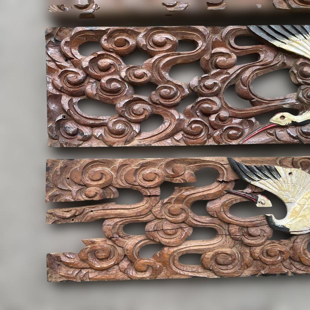 木彫4枚セット　鶴　枡合　狭間　懸魚　連子　欅　龍　武者　だんじり　骨董　太鼓台
