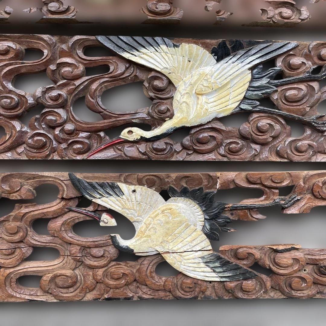 木彫4枚セット　鶴　枡合　狭間　懸魚　連子　欅　龍　武者　だんじり　骨董　太鼓台